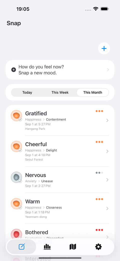The Snap tab, listing recent moods with their category, time and place.