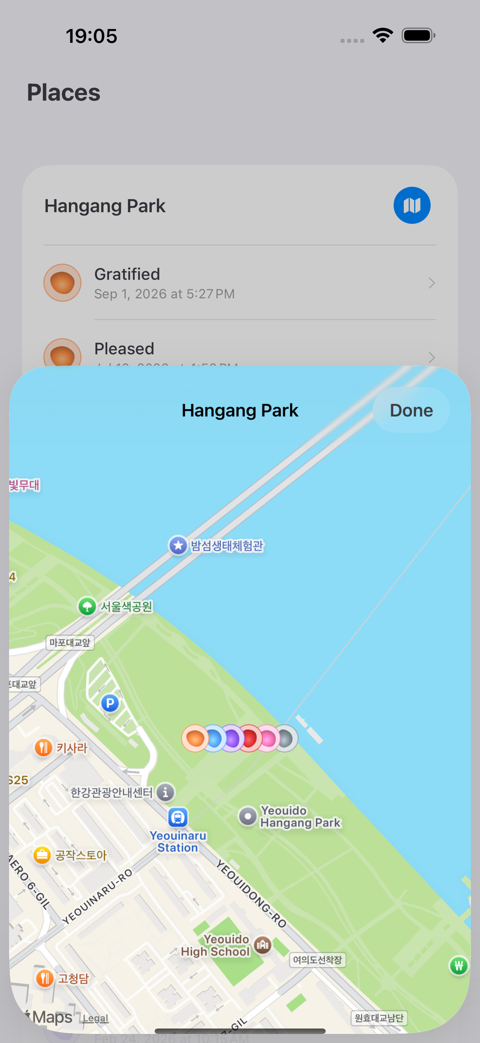 The Places tab, showing where moods were recorded on a map.